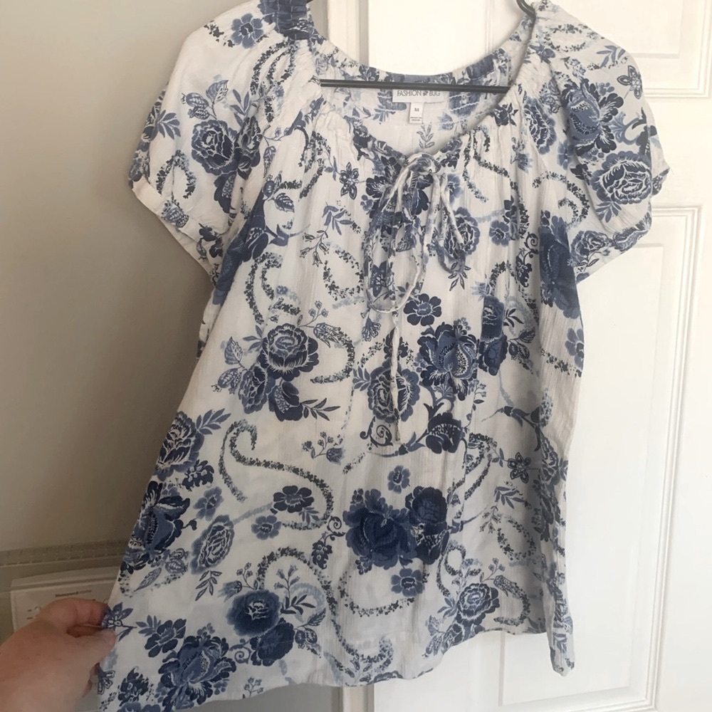 Fashion Bug White and Blue Floral cotton Blouse